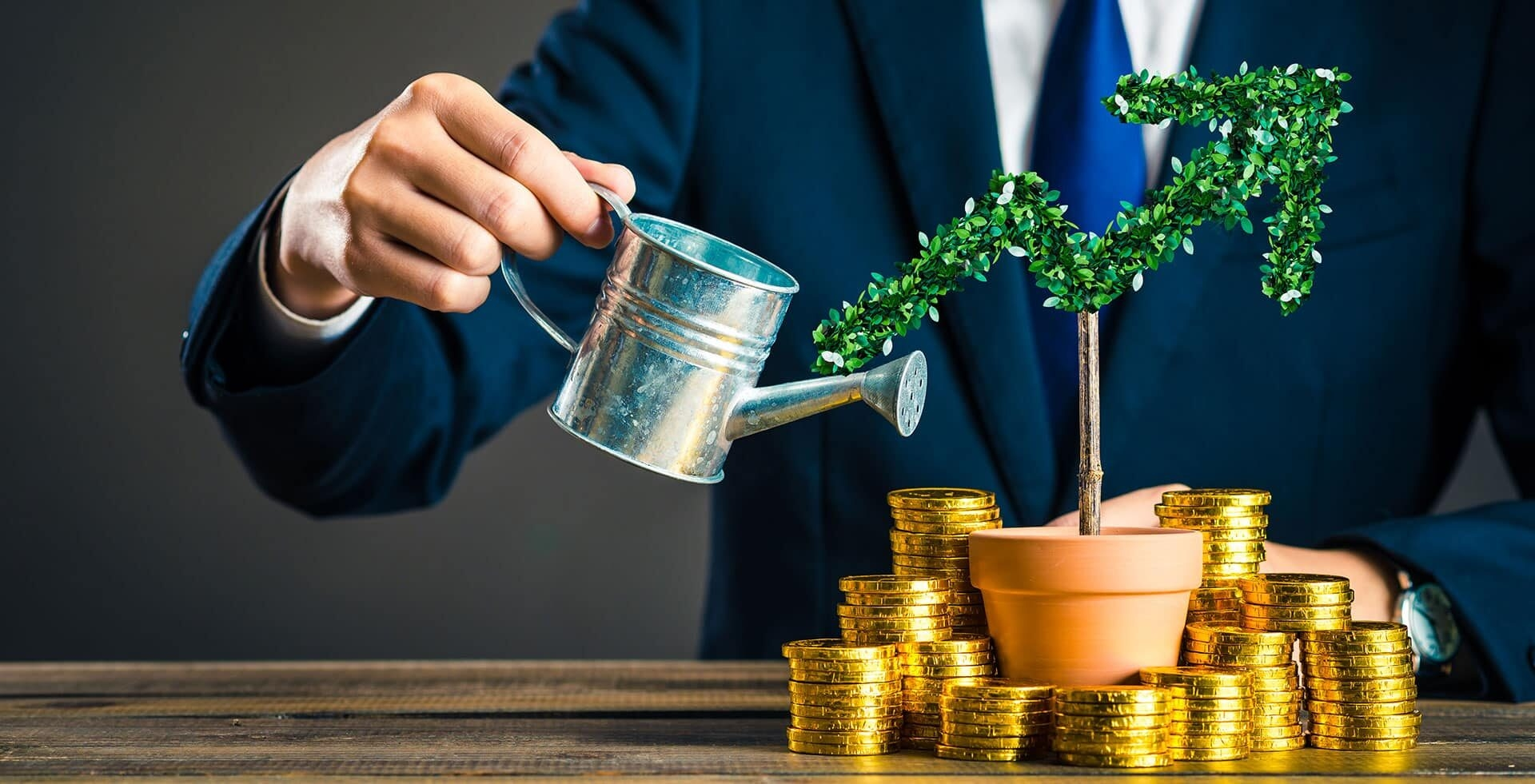 A businessman in a suit watering a small plant shaped like a rising growth arrow. The plant sits in a small terracotta pot surrounded by rising stacks of gold coins on a wooden surface.